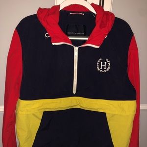 Tommy Hilfiger; Quarter zip windbreaker hoodie.